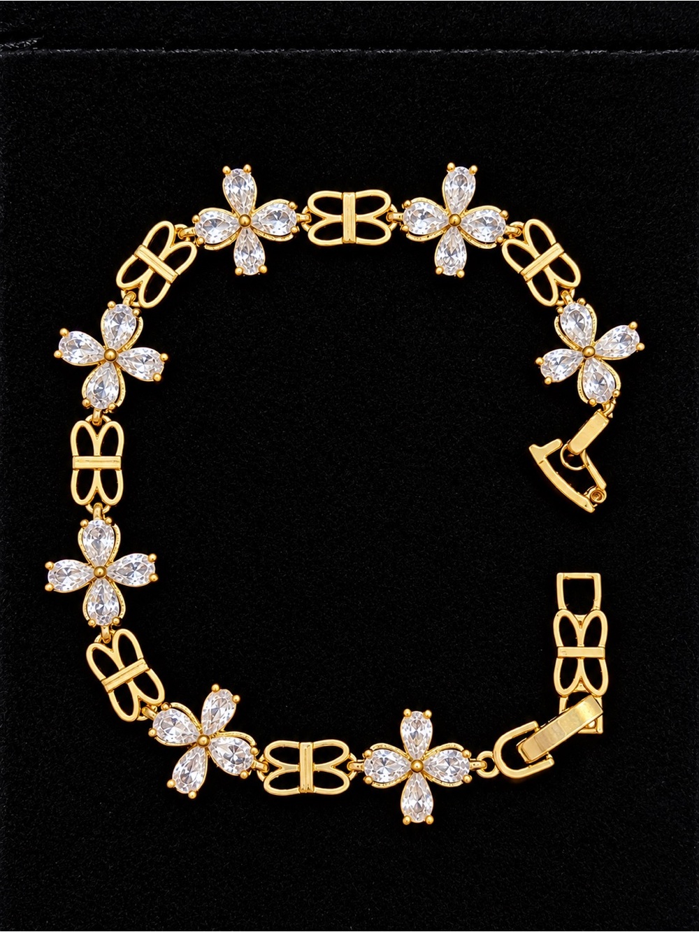 Gold Plated Flower CZ Link Bracelet - Women Jewelry
